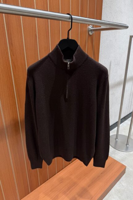 LORO PIANA BABY CASHMERE HALF ZIP SWEATER BROWN